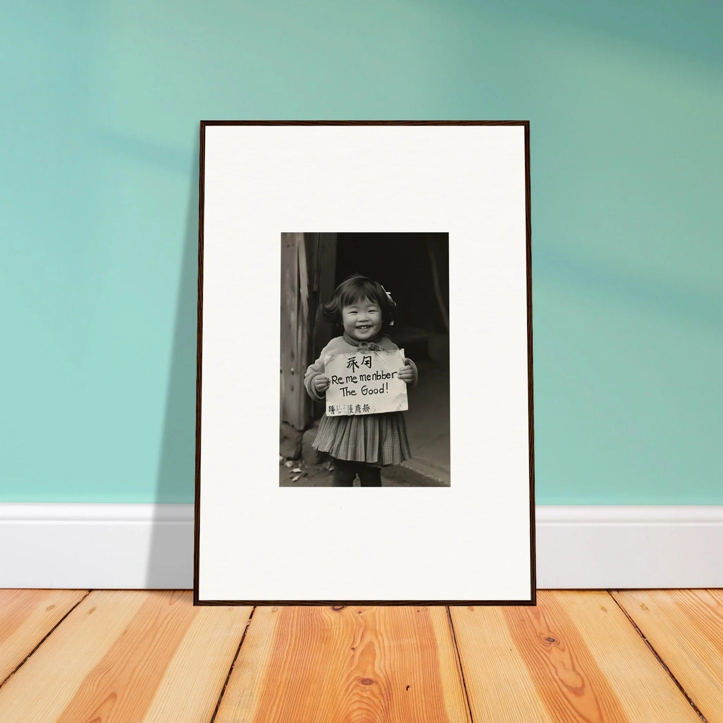 Framed black and white photograph on floorboards for Ephemeral Joy Imbibed art