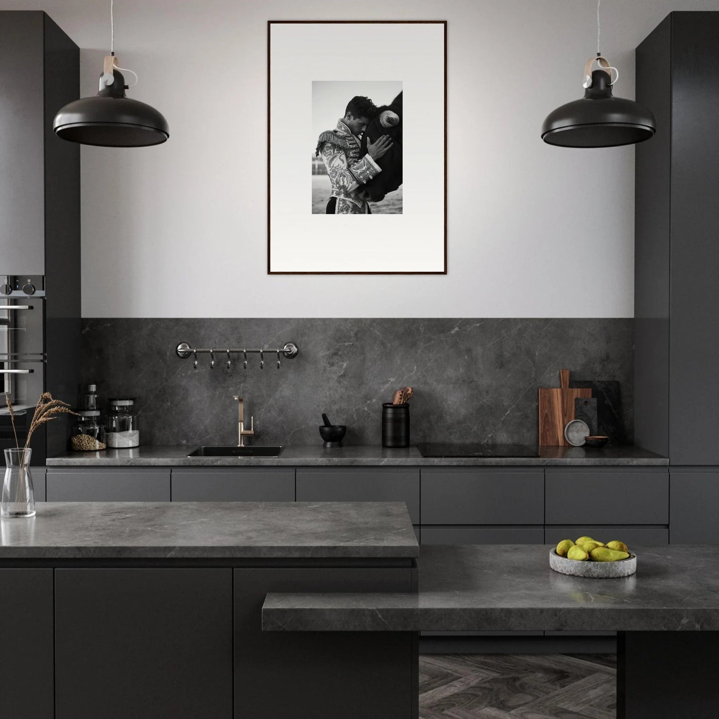 Modern dark gray kitchen featuring minimalist design and industrial lights in Triumphant Shadows Embrace