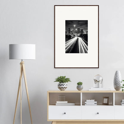 Black and white framed wall art of a cityscape with light trails, Steel Framed Wall design