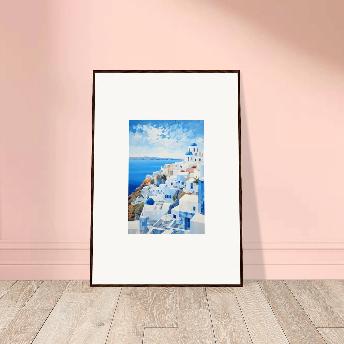 Framed artwork of Santorini’s white buildings and blue domes in Serendipity Through Sparrows