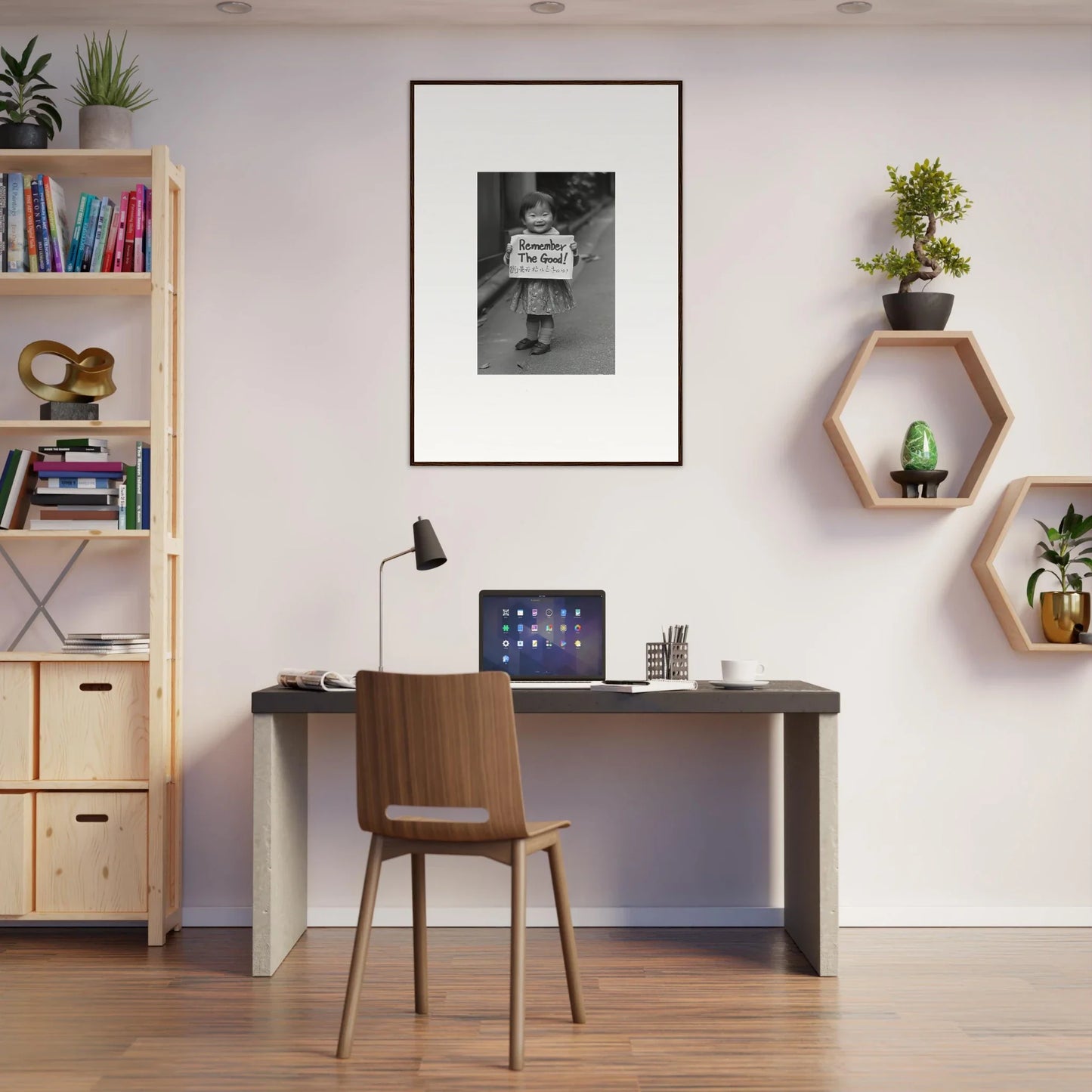 Simple home office setup with dark desk, wooden chair, and Whimsy Echo Memory art