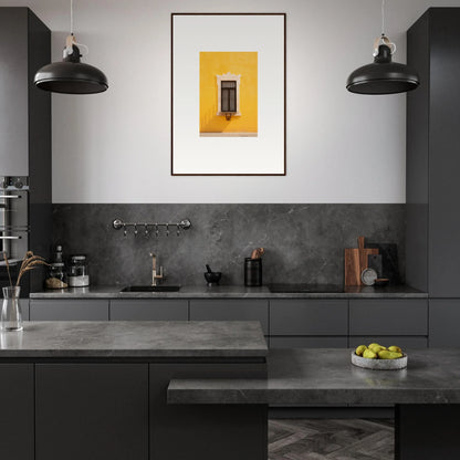 Modern dark grey kitchen featuring Window’s Giallo Reverie artwork and sleek black lights