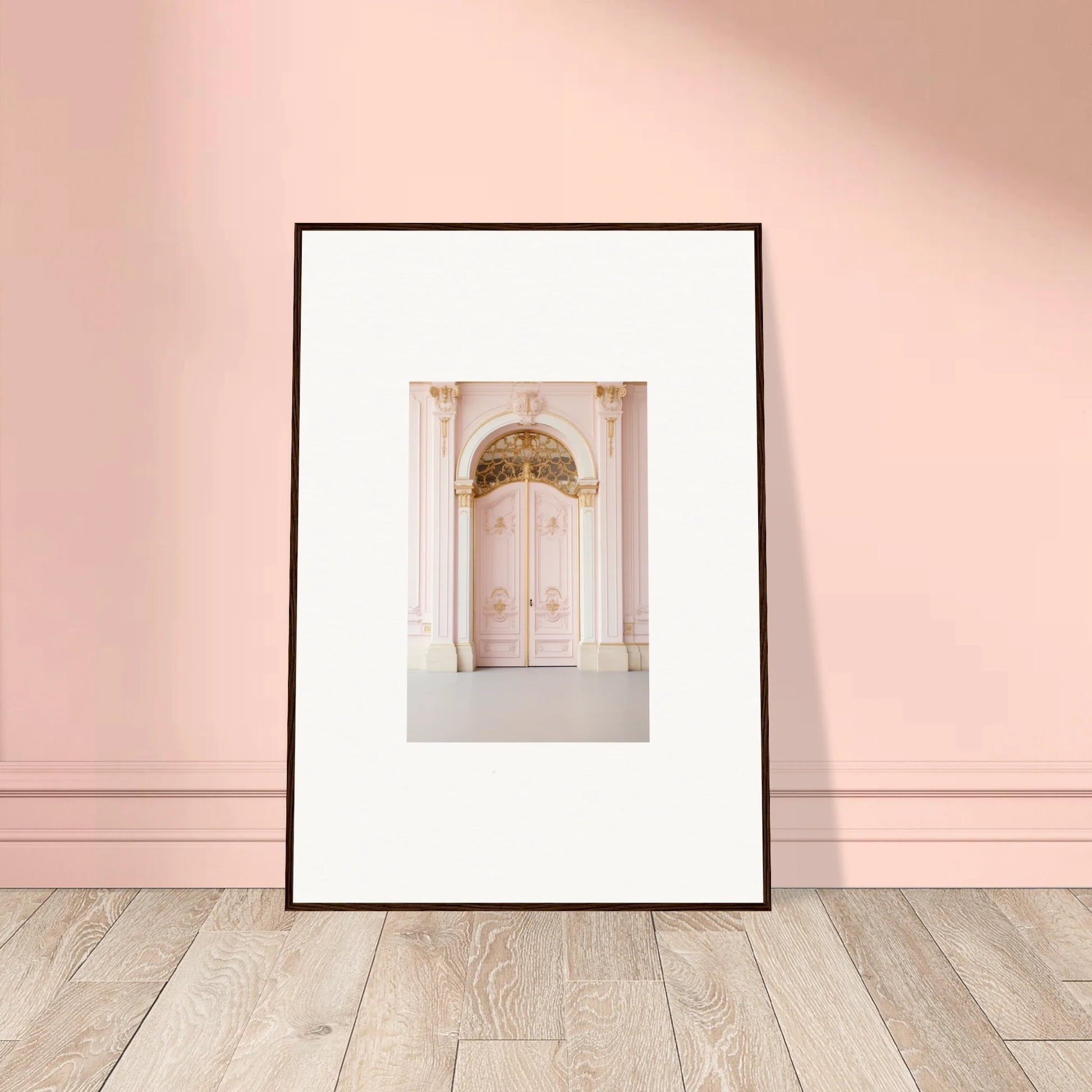 Framed wall art of a pink door with ornate columns, part of the Regal Must collection