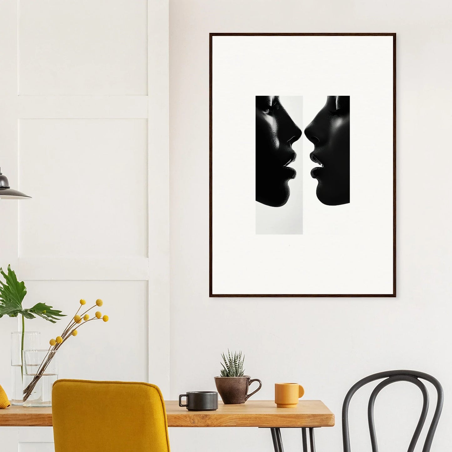 Black and white silhouette of two profiles in Liminal Echoes framed poster art