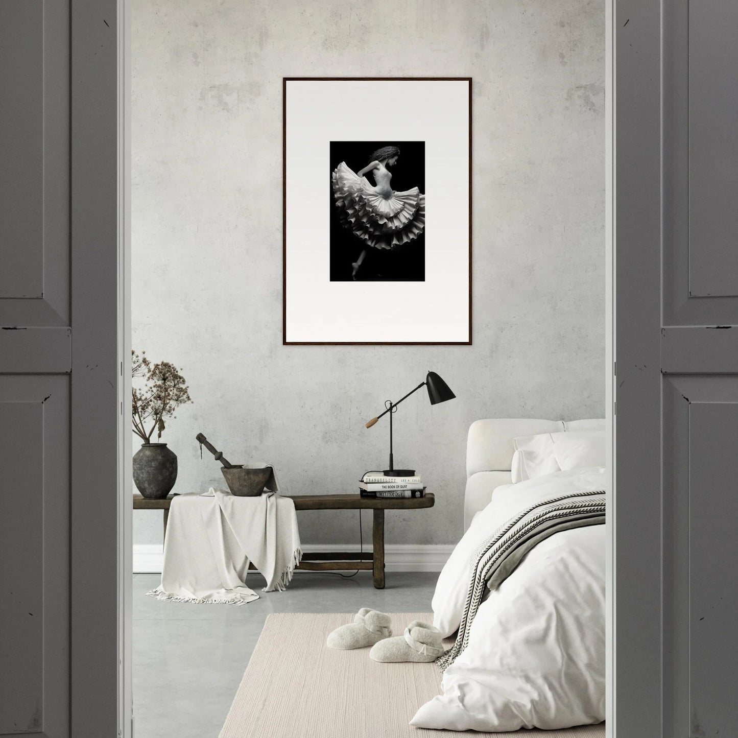 Monochromatic bedroom featuring Ethereal Waltz Silence framed wall art on gray wall