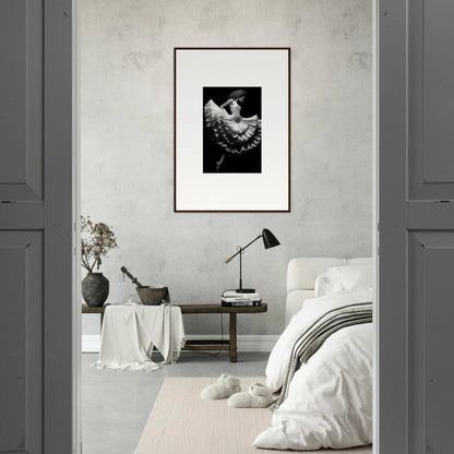 Monochromatic bedroom featuring Ethereal Waltz Silence framed wall art on gray wall