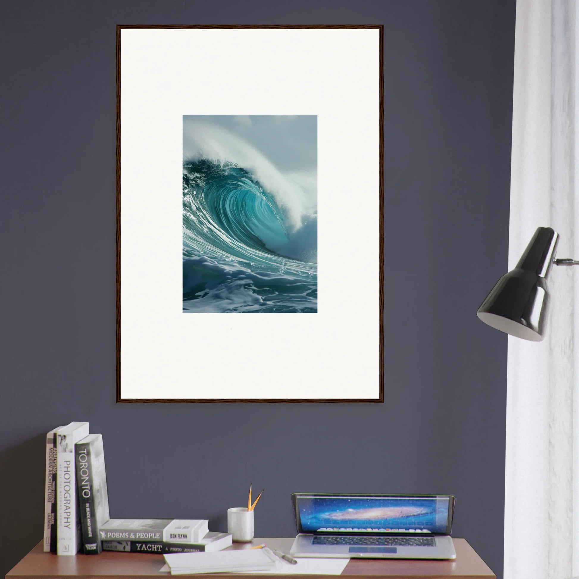 Framed canvas print of a curling turquoise wave, perfect wall art for room decoration