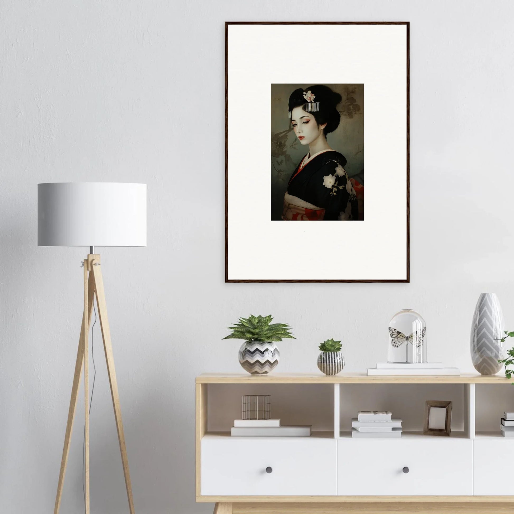 Framed vintage portrait of a geisha in Cherry Dream Surrealism style for your wall art