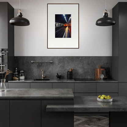 Modern dark gray kitchen featuring Threads Passagesquent Hues art and industrial lights