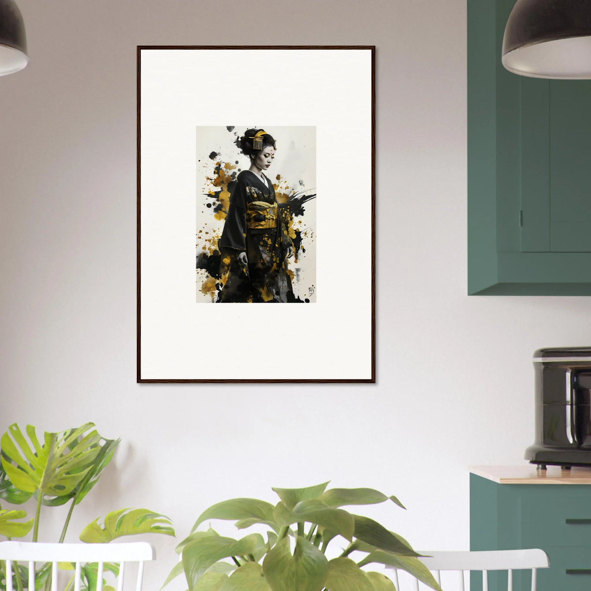 Framed artistic portrait of a geisha with gold accents in a premium framed wall art