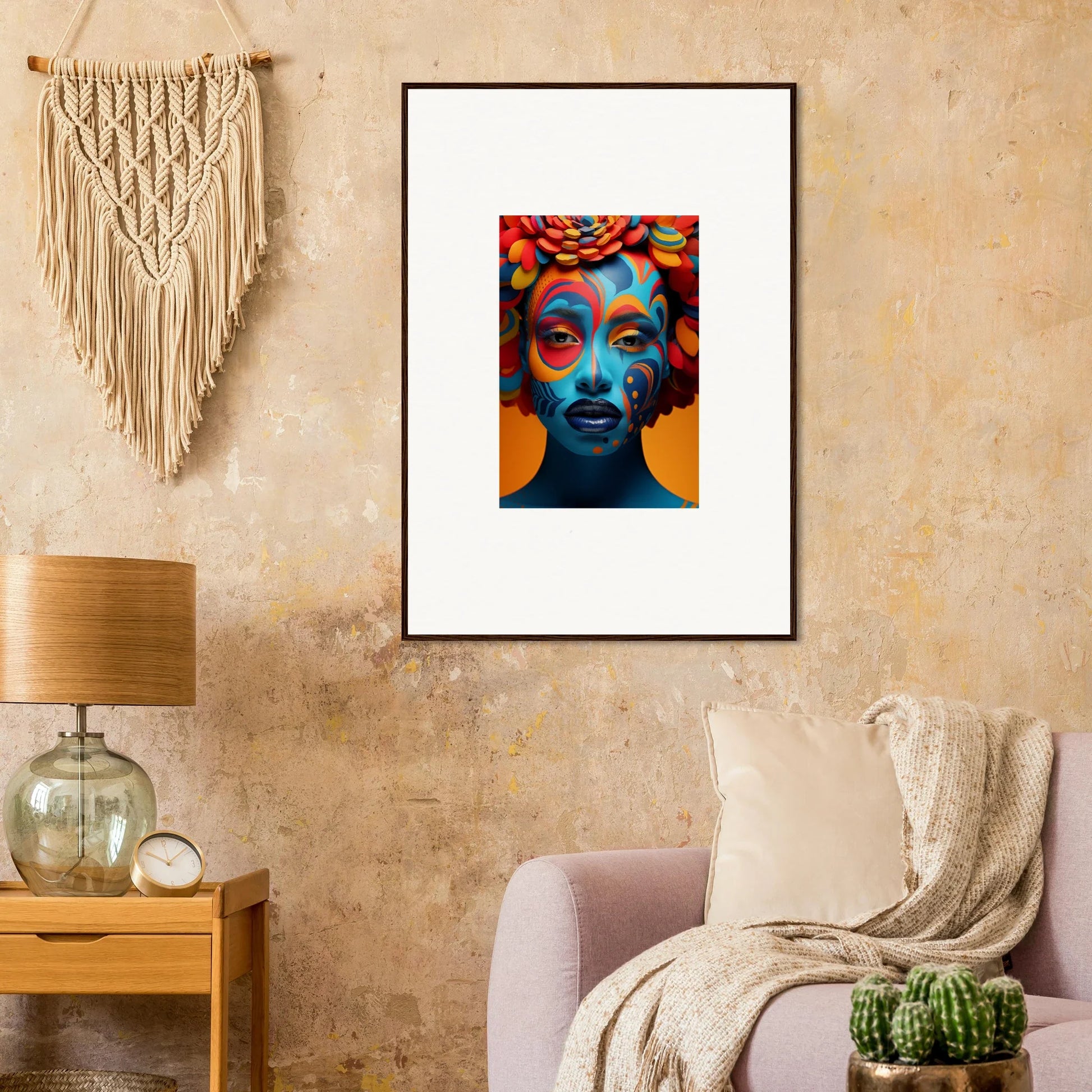 Colorful canvas print of a face with blue skin and orange-red hair for room decoration