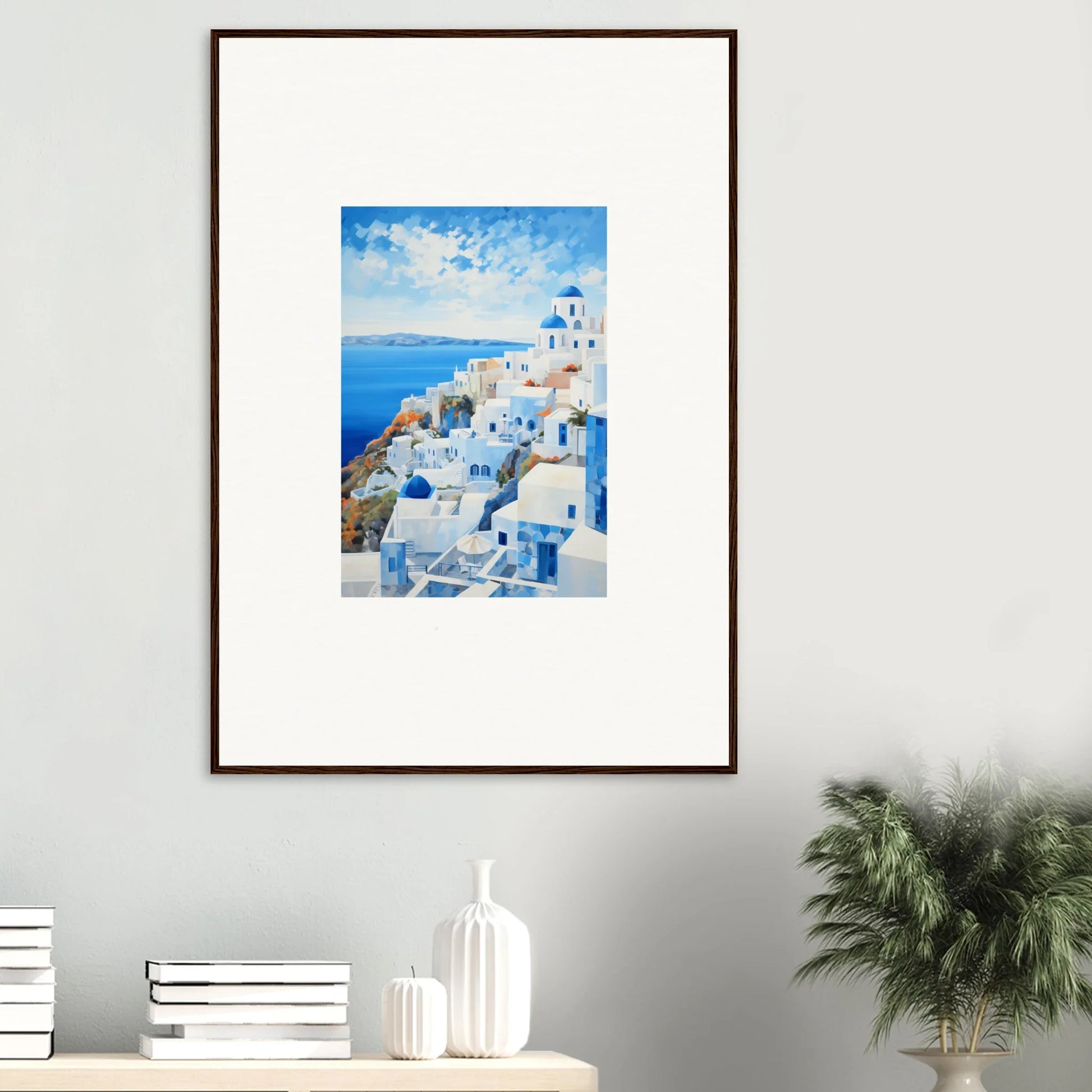 Framed poster of Santorini’s white and blue buildings in a premium wall art style