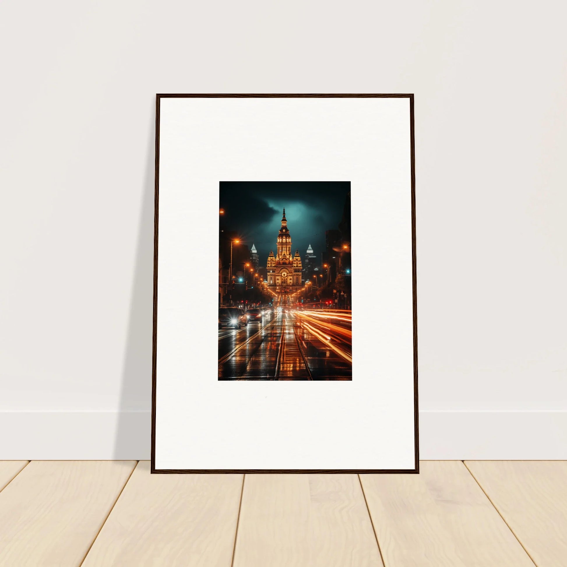 Framed wall art of Radiant Urban Reverie with night city street and vibrant light trails