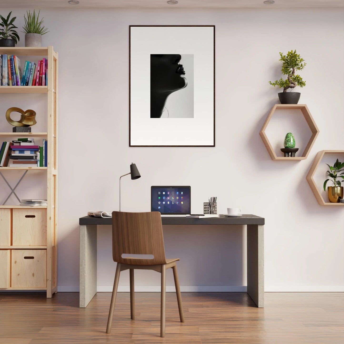 Modern home office with Shadowed Whisper Immanence framed wall art and minimalist decor