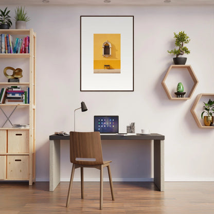 Modern home office workspace featuring a dark desk, wooden chair, and Gapes of Gargoyles art