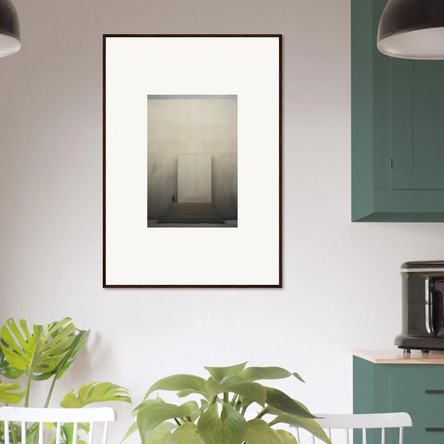 Framed black and white Portal Eventide Abstract with geometric shapes in fog