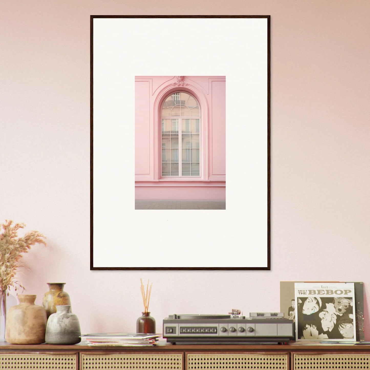 Framed Pink Sonata Vibrations art print of a pink arched window with glass panes