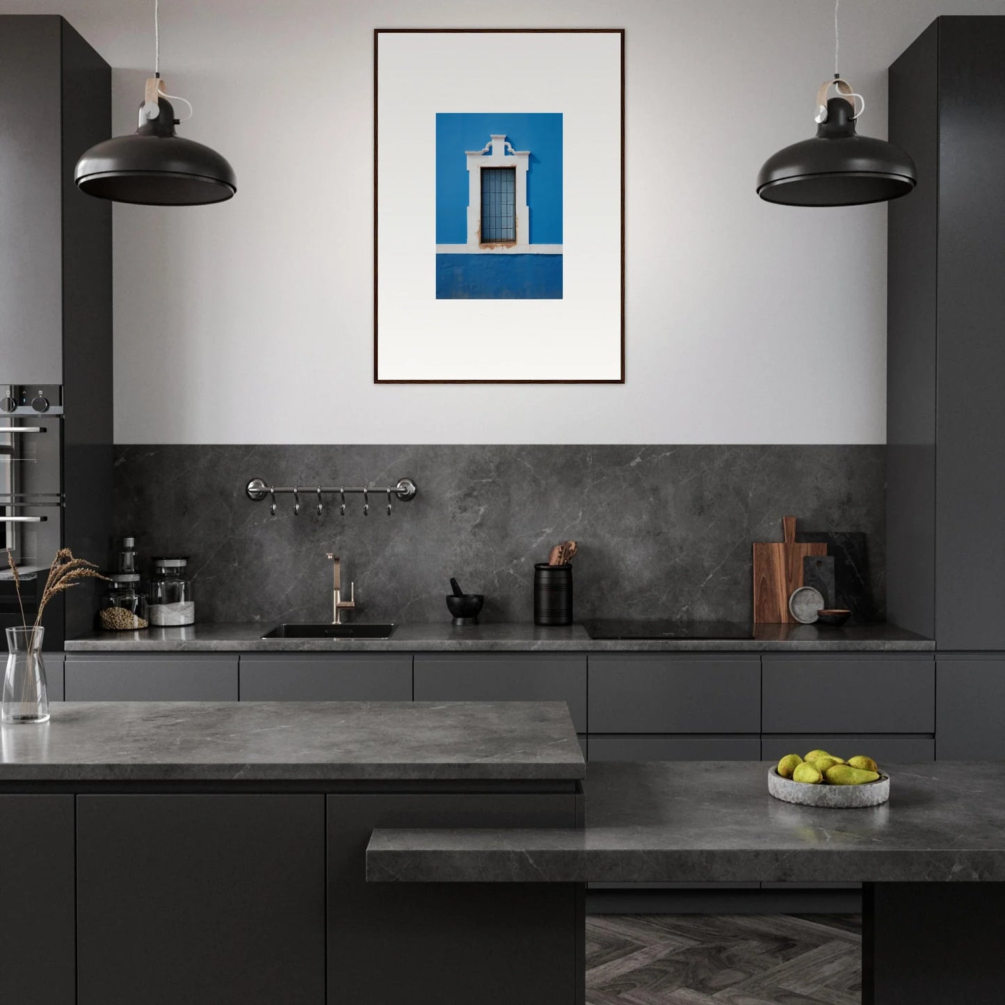 Modern dark gray kitchen with black pendant lights and Liquid Azure Quest artwork