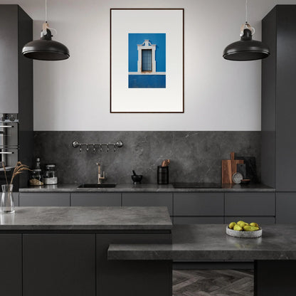 Modern dark gray kitchen with black pendant lights and Liquid Azure Quest artwork