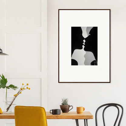 Black and white silhouette of kissing profiles for Nouveau Love Symphony framed wall art