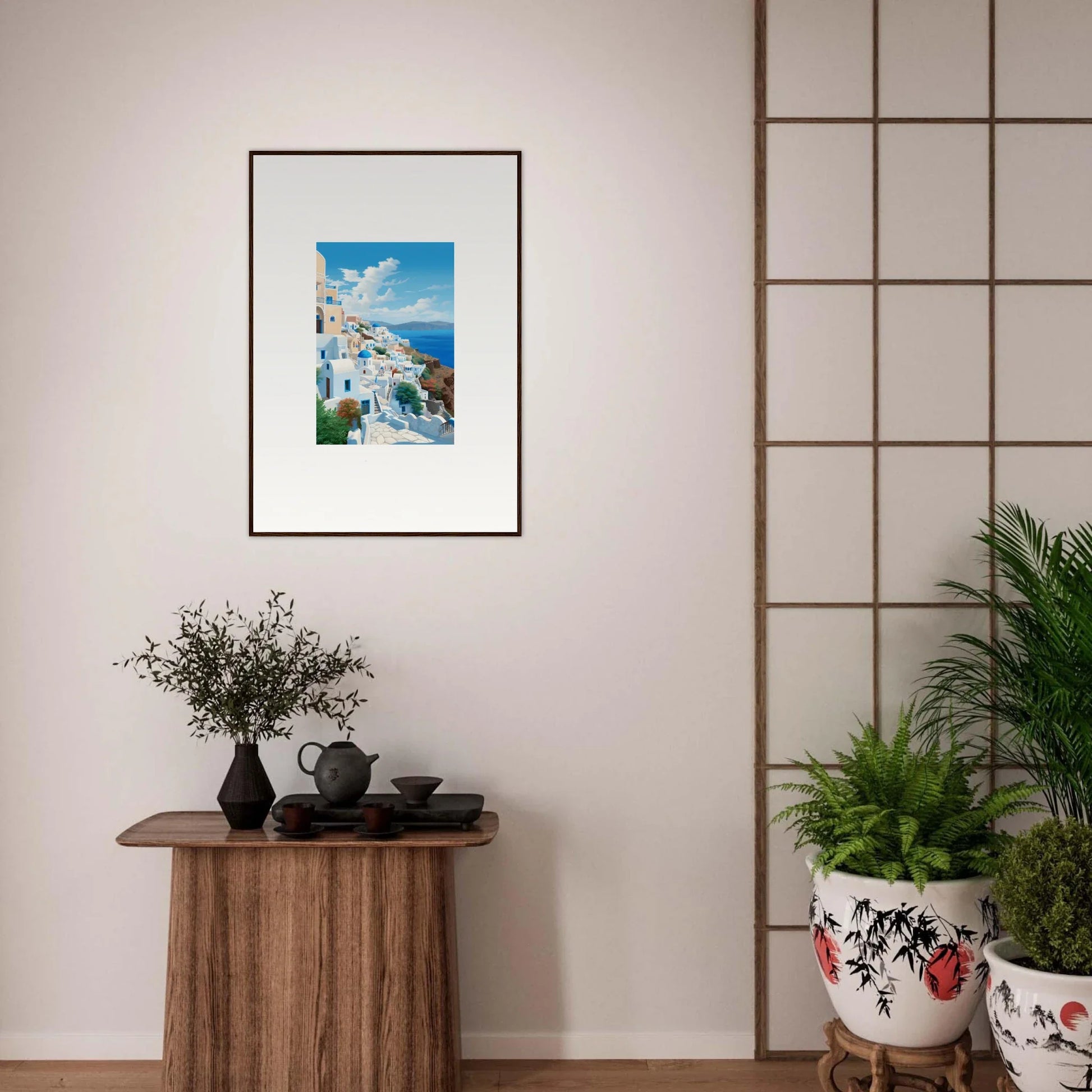 Framed Santorini photo featuring white buildings and blue domes by Sunday Stahl Messiração