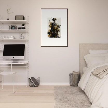 Minimalist bedroom showcasing Eclipsed Ukiyo Symphony art print and stylish decor