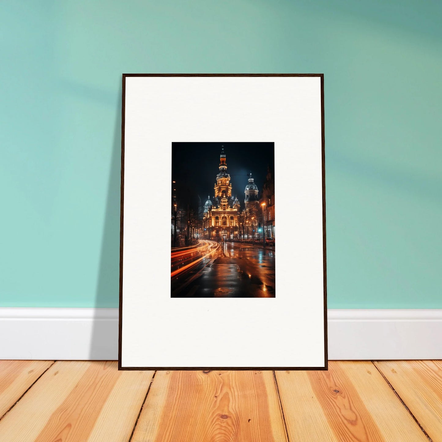 Framed photo of illuminated cathedral at night, part of Midnight Highway Mirage collection