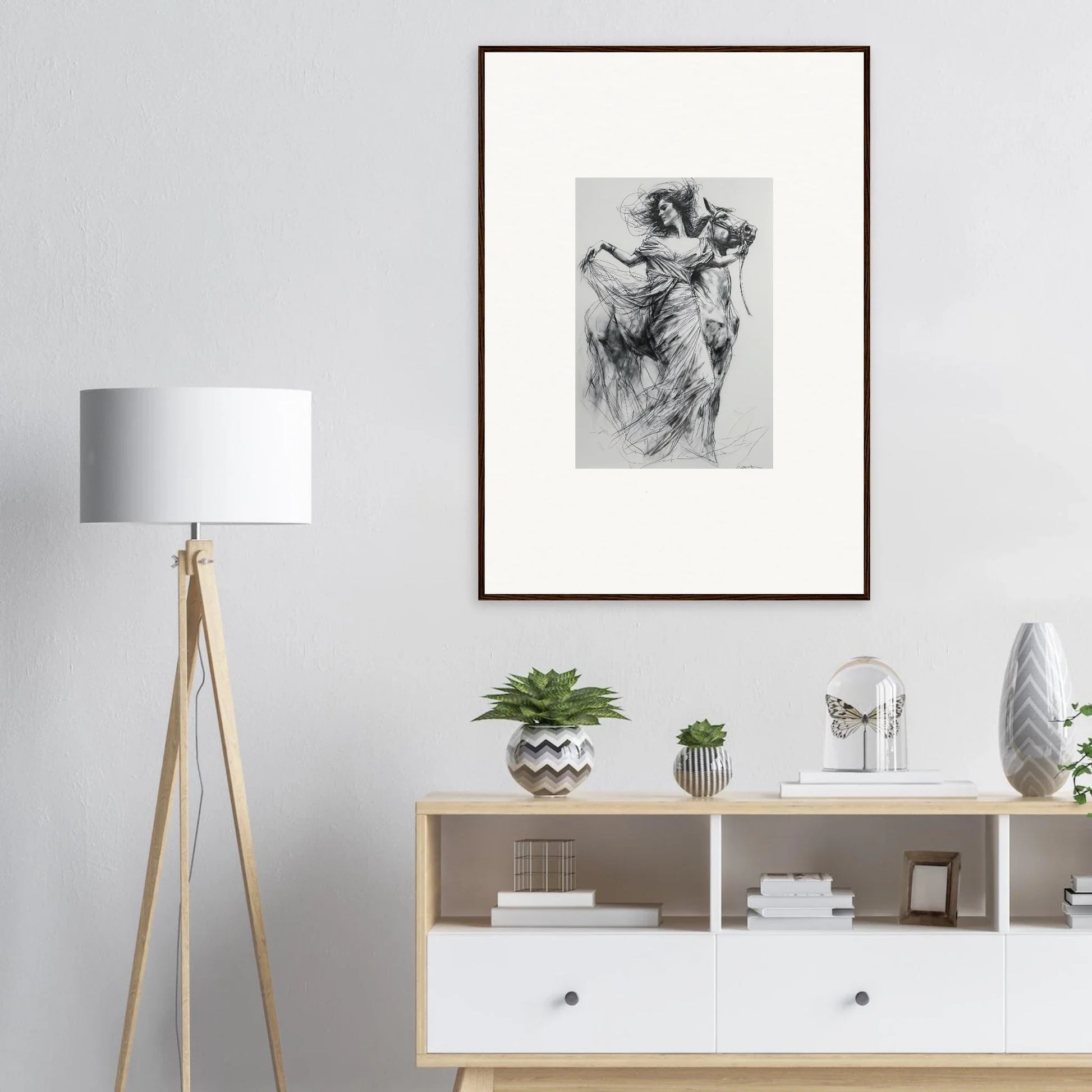 Framed black and white sketch of dancing figures for Equestrian Ether Euphoria art