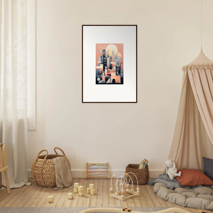 Framed art print of Ephemeral Castle Whispers with geometric buildings at sunset