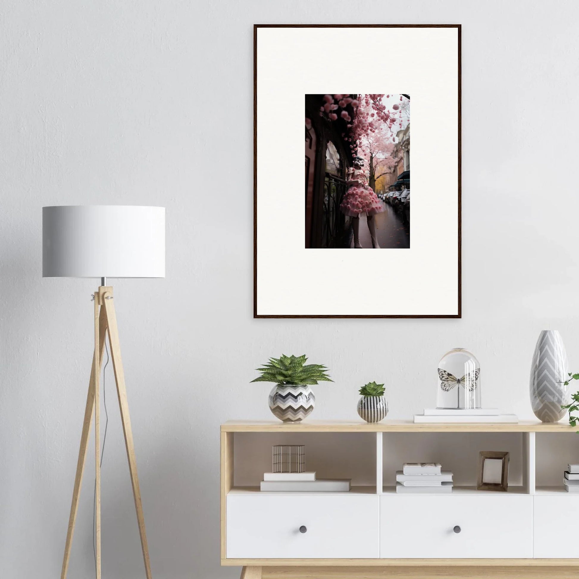 Framed wall art of cherry blossom tree in alley from Petal Eccentricity Revealed collection