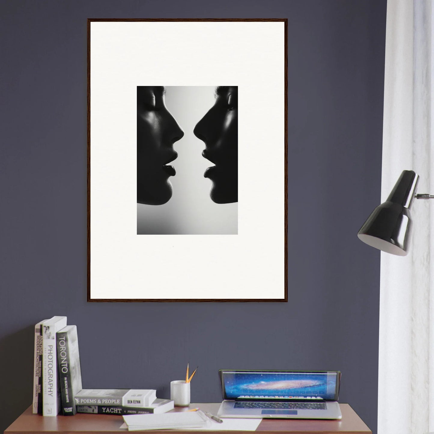 Black and white silhouette art of two profiles for Symbiotic Echoes Flutter wall decor