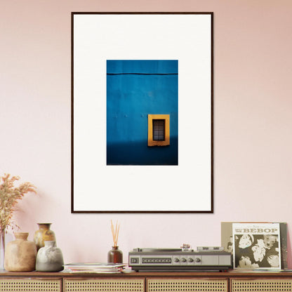 Framed minimalist photo of a yellow window on a blue wall from Hypercolor Dreamscape Longitude