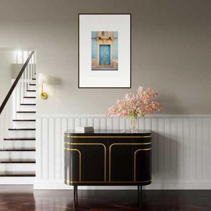 Black cabinet with gold trim and curved lines from the Ephemeral Dreamscape Doorway collection