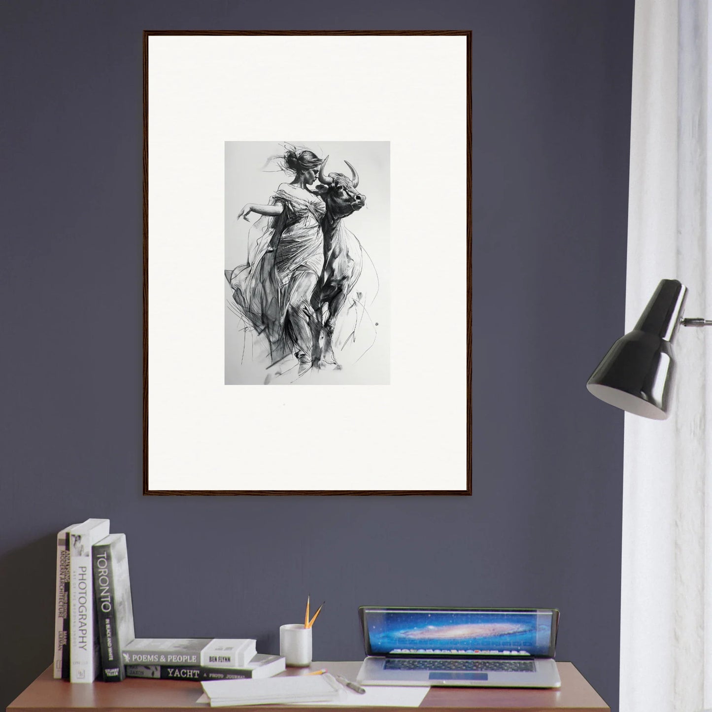 Framed black and white sketch of a dancer, part of Metaphoric Taurus Whispers art™