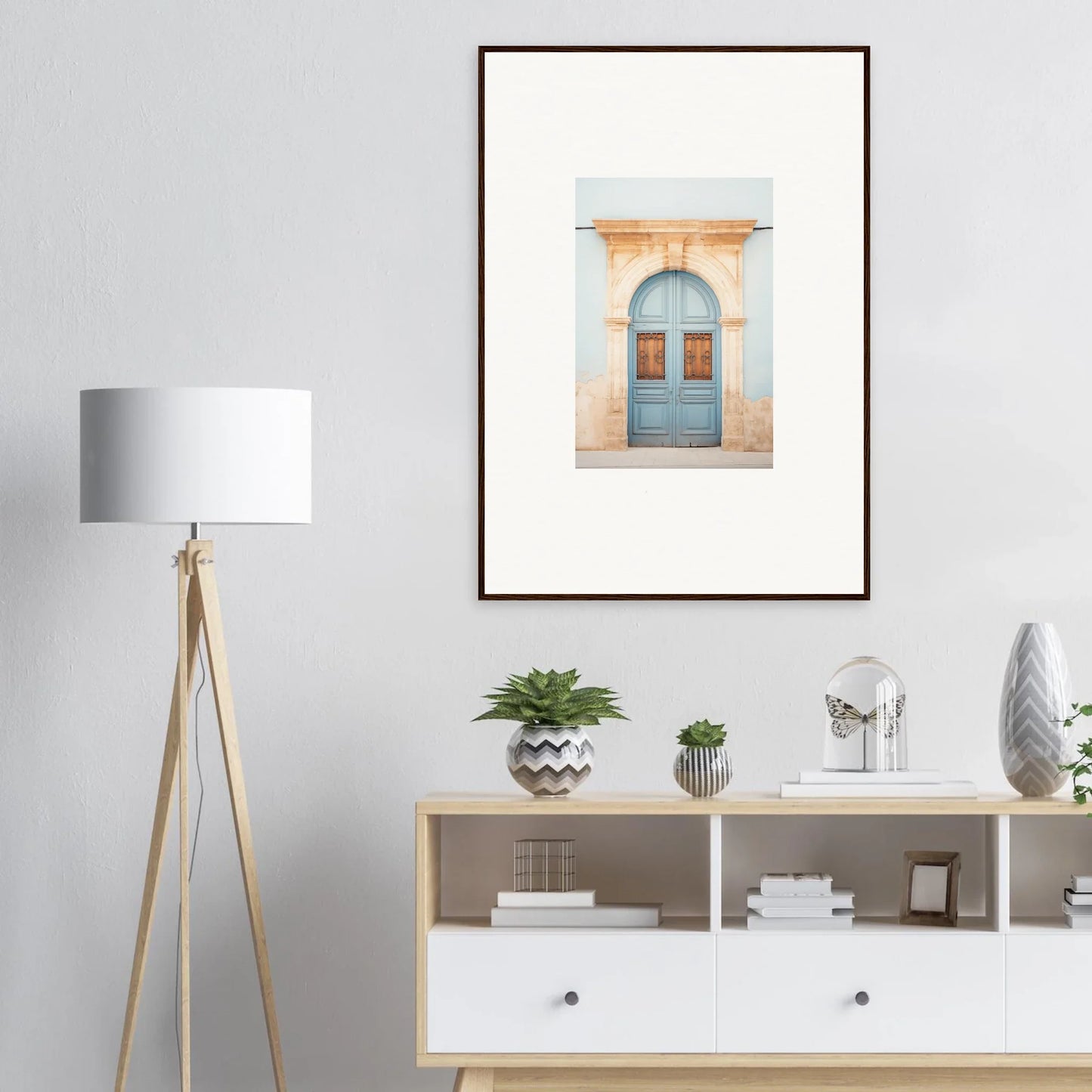 Premium framed wall art featuring a blue vintage door in stone archway from Threshold of Echoes