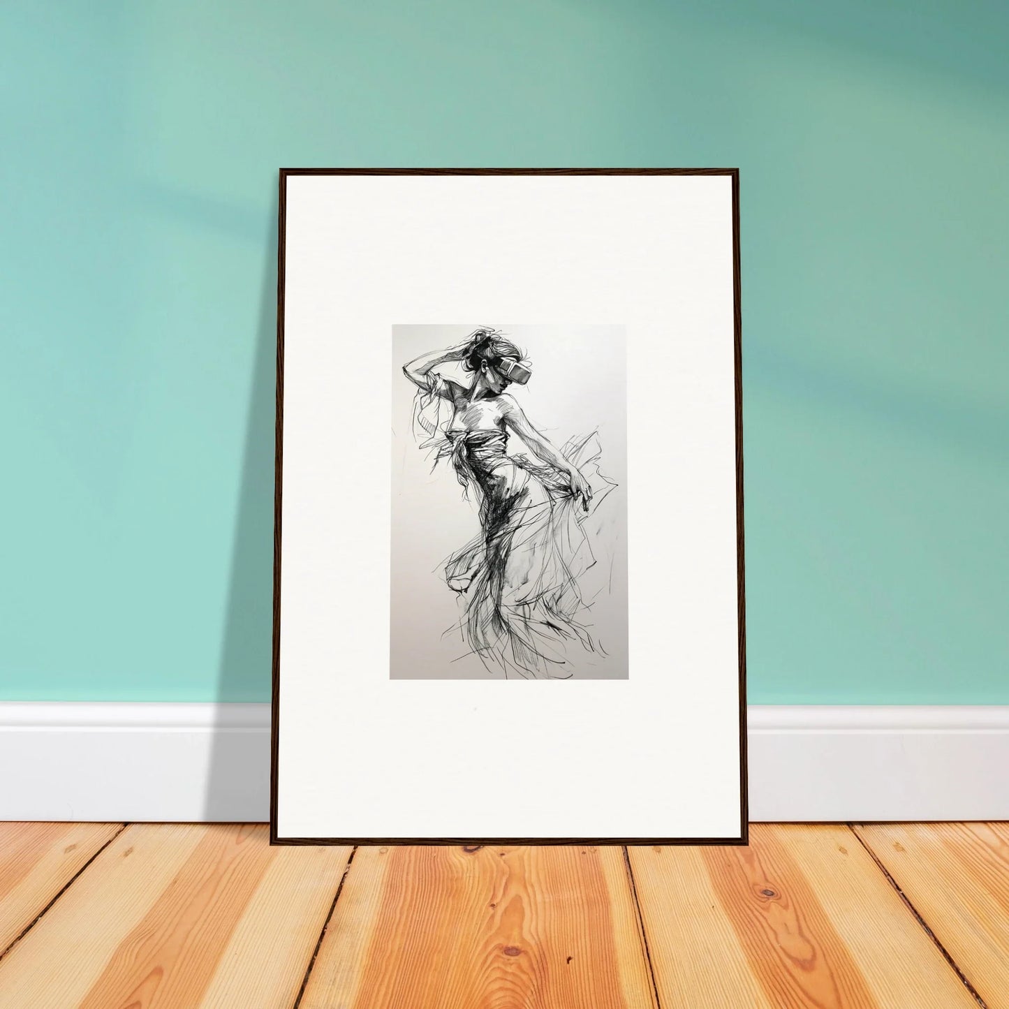 Framed black and white sketch of a dancing figure from Virtual Grace Sketch special edition art™