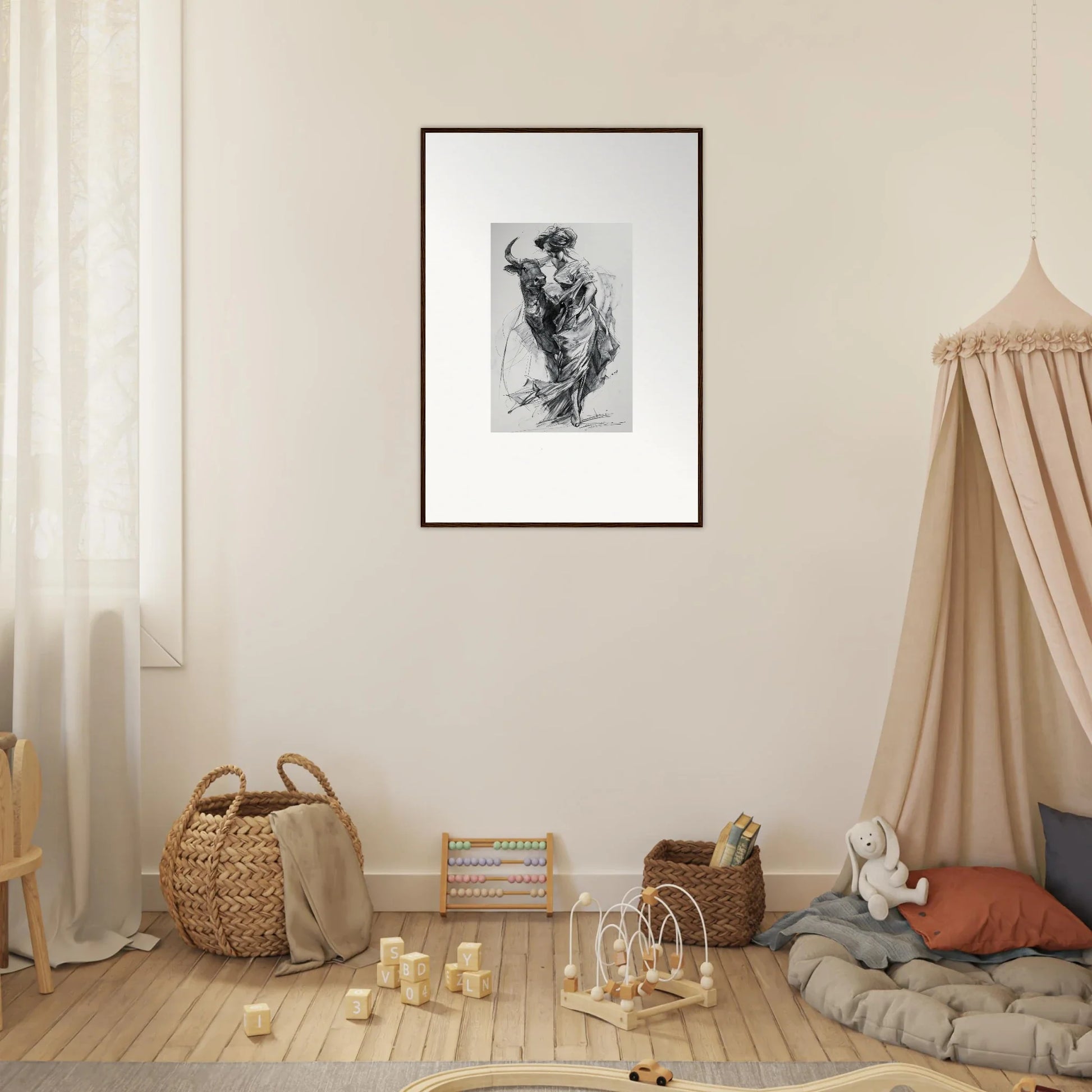 Framed black and white sketch of Sylvan Euphoria Lumia art displayed on a wall