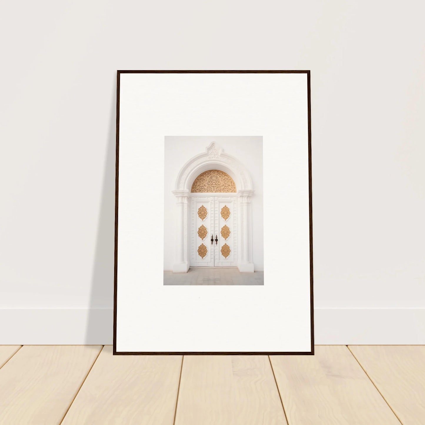 Framed wall art of an ornate white door in Gilded Mirage Passage special edition art