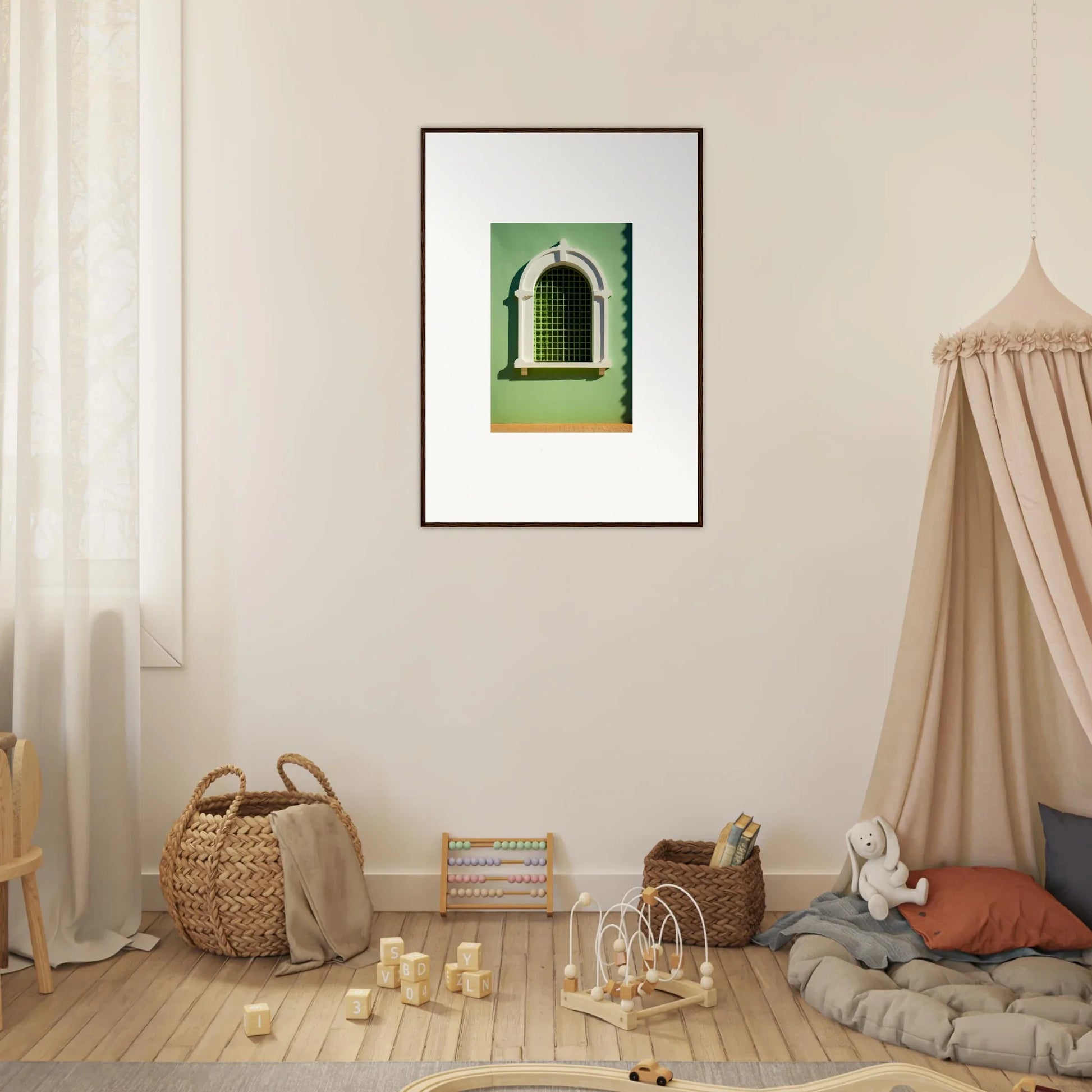 Framed artwork featuring an arched window and green background, Visible Equilibrium Window