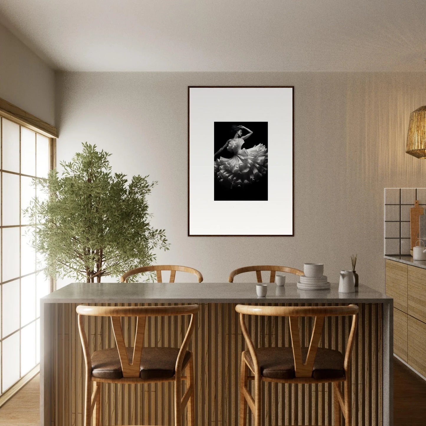 Modern dining table with wooden chairs and Nocturnal Flourishbyen framed art above