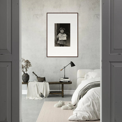 Monochromatic bedroom showcasing Ephemeral Joy Imbibed framed wall art in minimalist decor