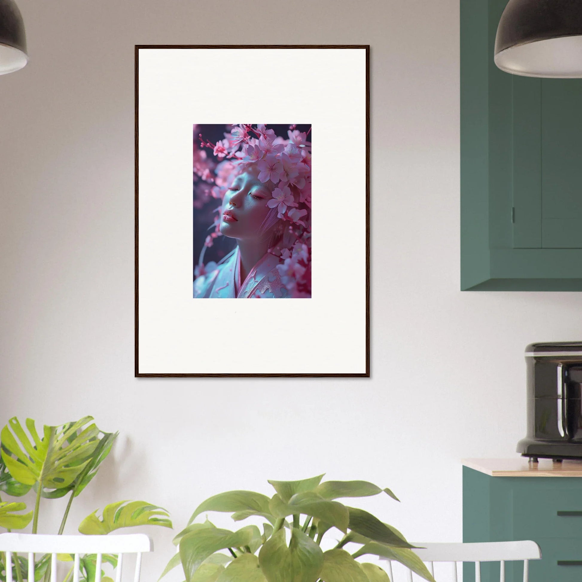 Framed Sakura Whispers wall art with pink floral elements for cozy room decoration