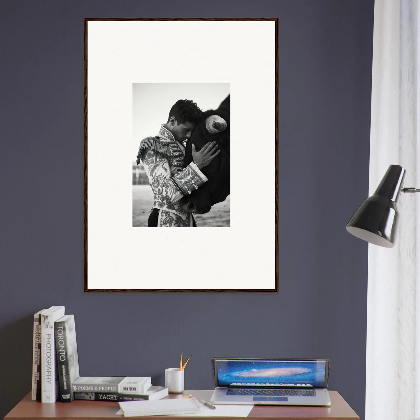 Framed black and white photo of a tender moment in Triumphant Shadows Embrace