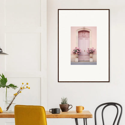 Framed wall art of Rosy Cosmos Gateway with a pink doorway and floral decor