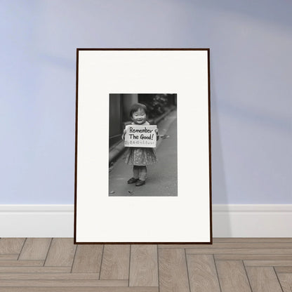 Framed black and white photo of a Remember The Small sign for Whimsy Echo Memory