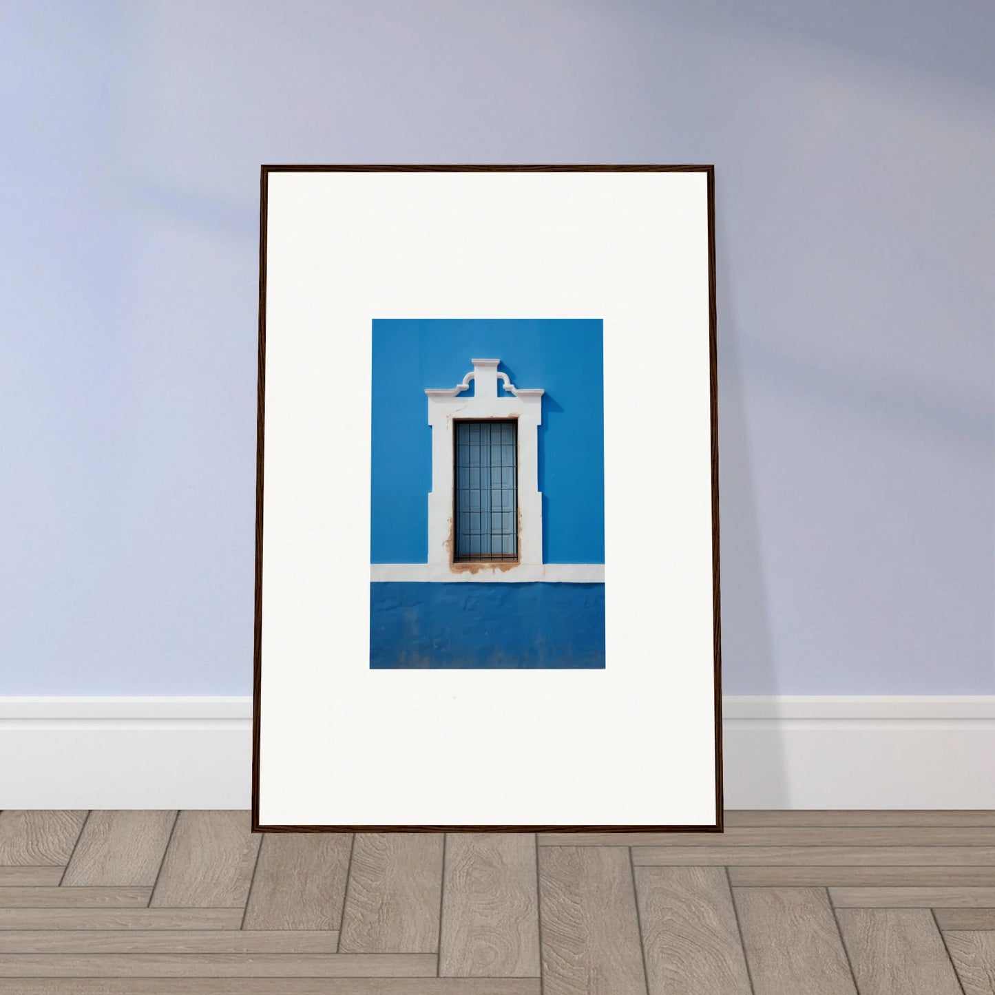 Framed wall art of a white-trimmed window on a bright blue wall, Liquid Azure Quest