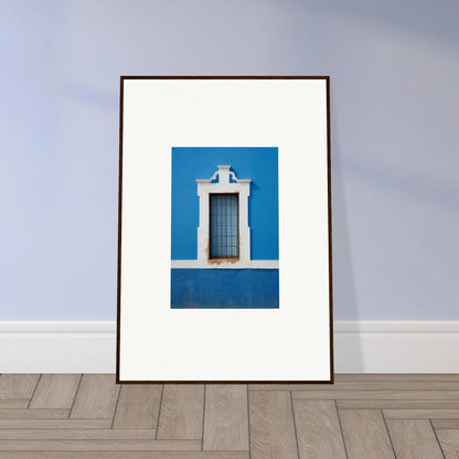 Framed wall art of a white-trimmed window on a bright blue wall, Liquid Azure Quest