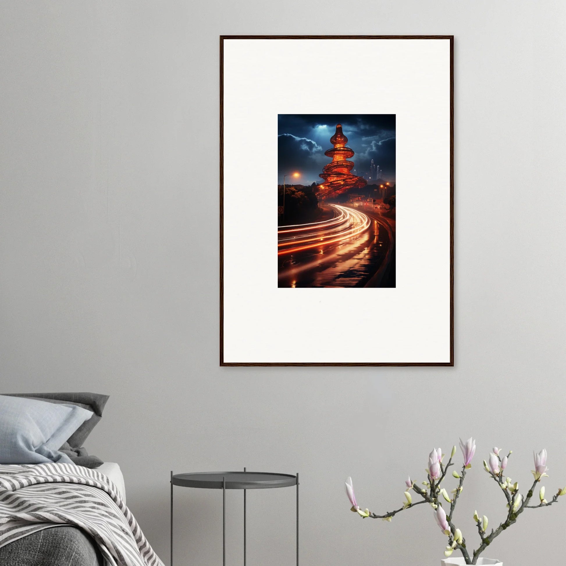 Framed photograph of a pagoda at night with traffic light trails for Hyperloop Dreams Extravaganza