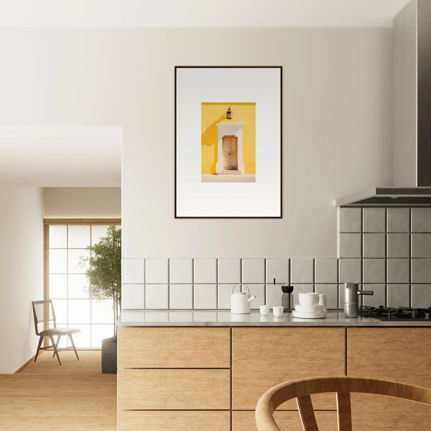 Modern kitchen with light wood cabinets showcasing Golden Hue Portal framed wall art