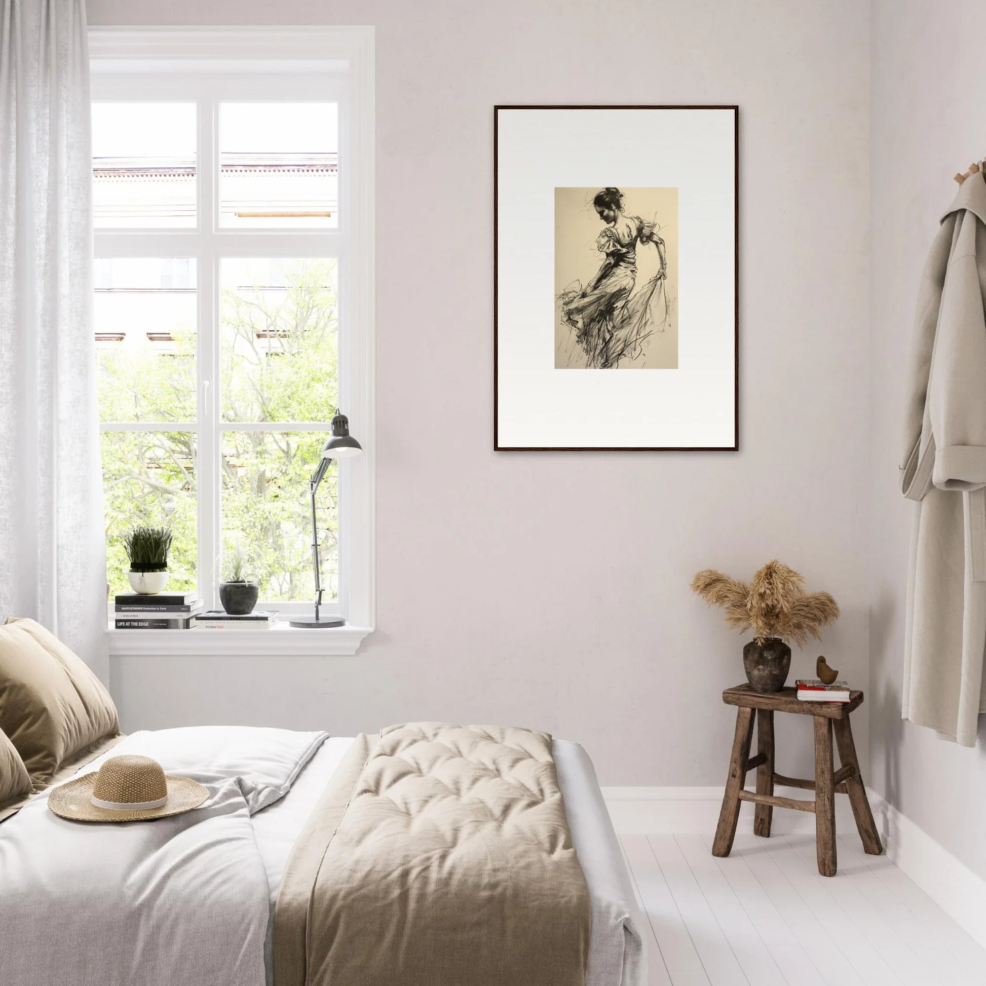 Serene bedroom featuring Shadow Waltz special edition art with minimalist decor